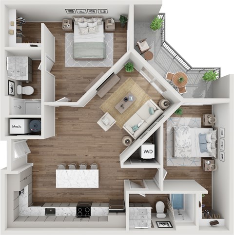 Floor plan for 2 beds, 2 baths, 1074 sqft